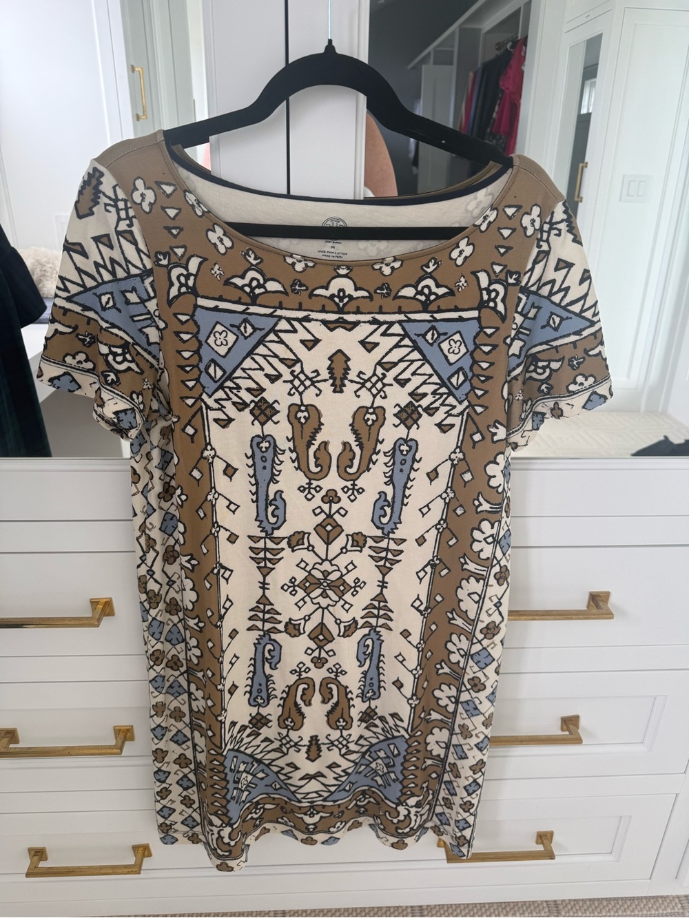 Tory Burch Cream, Tan & Light Blue Printed Short Sleeve Shift Dress
